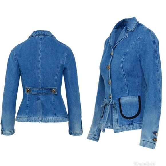 Revolve Cormio Cynthia Collared Button Down Bow Detail Denim Jean Jacket Size L - Picture 5 of 12